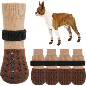 SCENEREAL Dog Socks to Prevent Licking Paws for Hardwood Floors Anti Slip, Dog Grippy Socks Shoes for Senior Small to Large Dogs, Dog Boots & Paw Protectors for Hot/Cold Scratching Pavement (S(Paw Width 2.1in), Two Color(Pack of 4)-Khaki)