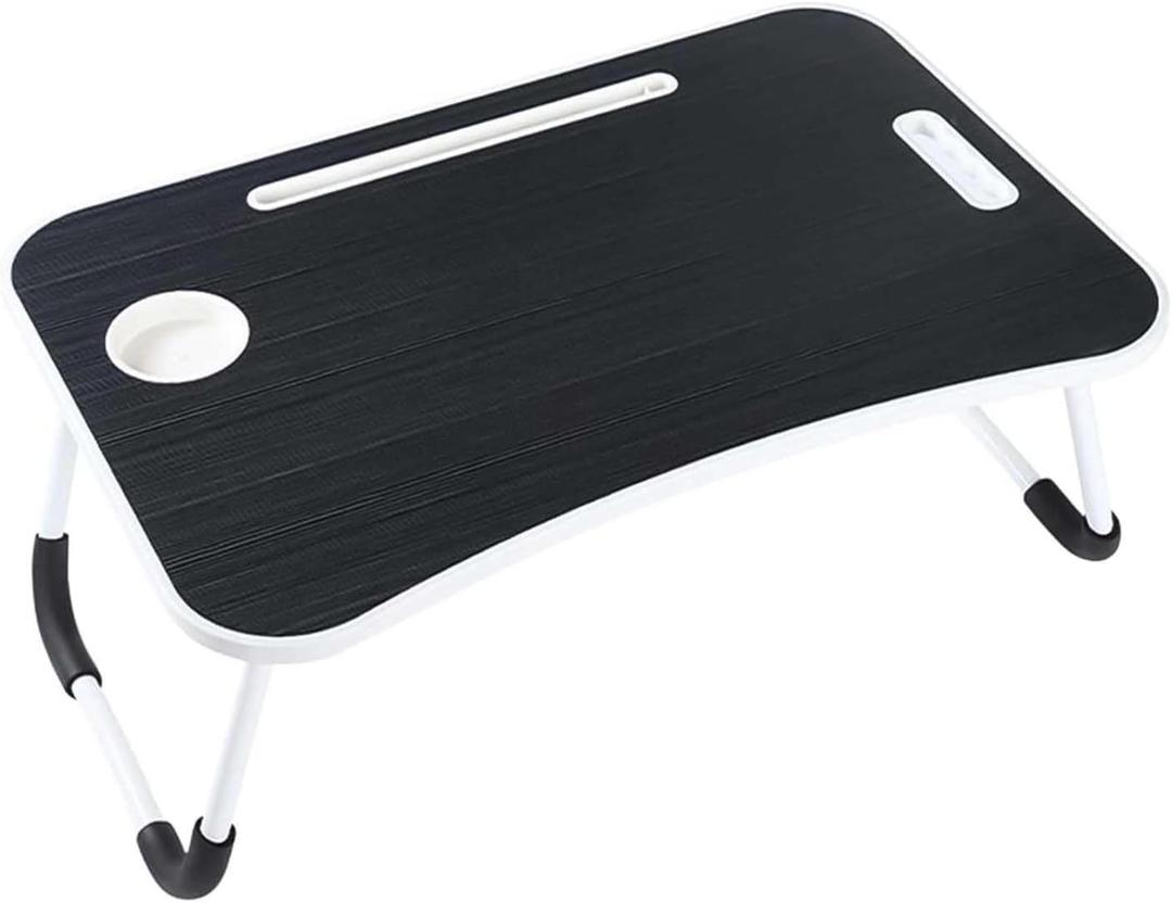 Laptop Bed Table with Sturdy Cup Holder - Portable Lap Desk for Bed and Sofa, Foldable Legs, Reading/Writing Stand - Notebook Desk for Working (Black)