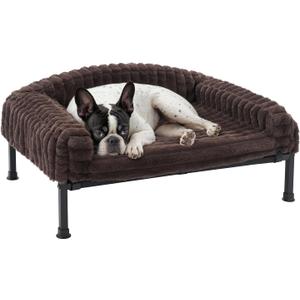 Veehoo Elevated Dog Bed with Bolster Cushion, Fluffy Plush Dog Couch Beds for Small Dogs, Cats, Washable Raised Pet Cot with Non-Slip Feet for Indoor or Patios Use, 24 x 18 Inches, Brown