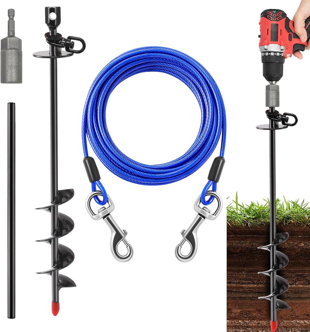 Heavy Duty Dog Tie Out Cable and Stake,30FT Rust Proof Dog Tether Leads for Yard,360Swivel Spiral Dogs Stake&Chain Up to 200 lbs, Ground Anchor for Outdoor Beach Camping