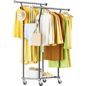 Double Rods Clothes Rack, Rolling Clothing Rack with Wheels, Metal Clothing Racks for Hanging Clothes, Portable Garment Rack Sturdy Closet Rack Trending Coat Rack for Laundry Bedroom Living Room
