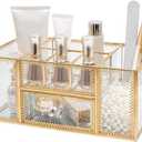 FSyueyun Vanity Clear Glass Makeup Organizer, Gold Makeup Brush Holder Cosmetic Storage Display Case for Skincare Perfume Dresser Countertop