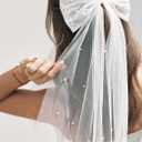 JEAIRTS Bridal Hair Bow Veil Pearl Wedding Hair Piece White Tulle Bow with Clip Bachelorette Party Hair Accessories for Women