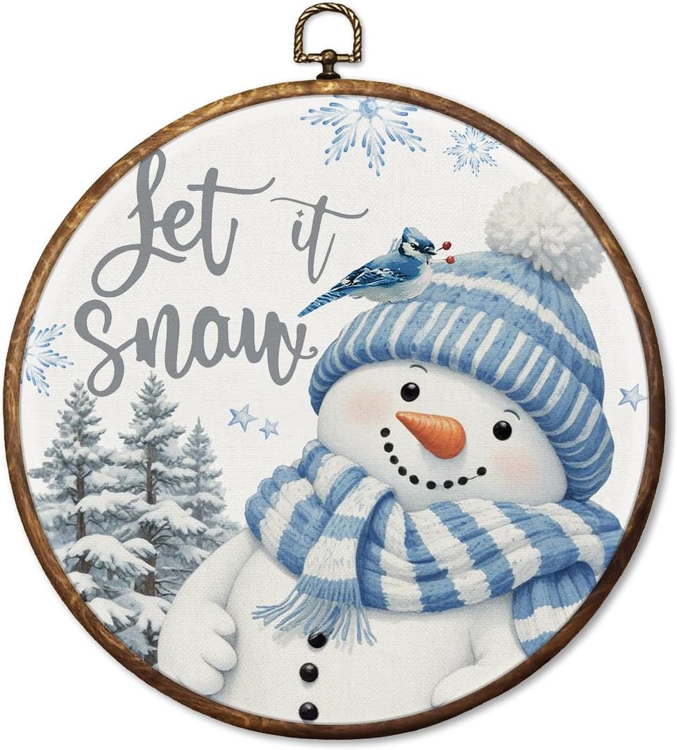 HUGANE Christmas Blue Snowman Bird Round Wall Art Decor, Let it Snow Cozy Rustic Xmas Winter Hanging Canvas Framed Prints Wall Sculptures for Home Bedroom Living Room Decor, 10x10 Inch