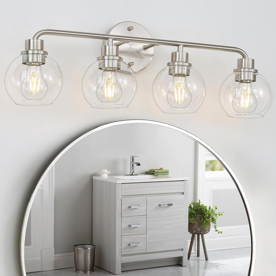 Bathroom Light Fixtures Brushed Nickel Vanity Light Silver 4 Light Modern Wall Sconces Lighting Bathroom Lights with Globe Glass Shade Bath Wall Lights for Mirror Kitchen Living Room Hallway 27 Inch