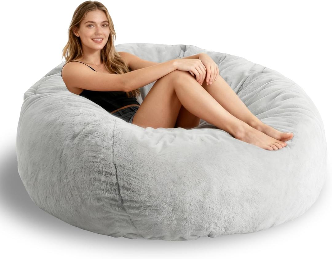 Faux Fur Comfy Bean Bag Chair Cover (No Filler), Fluffy Stuffed Animal Storage Bean Bag Covers Large Sofa for Adults, Premium Furry Fuzzy Bean Bag for Living Room Bedroom, Light Gray