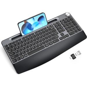 Ergonomic Wireless Keyboard with Wrist Rest-Low-Profile,Phone/Tablet Holder,Quiet DesignWindows & Mac OSFull Size Cordless USB Computer Keyboard for Desktop,Laptop, PC, Mac, Windows-Grey