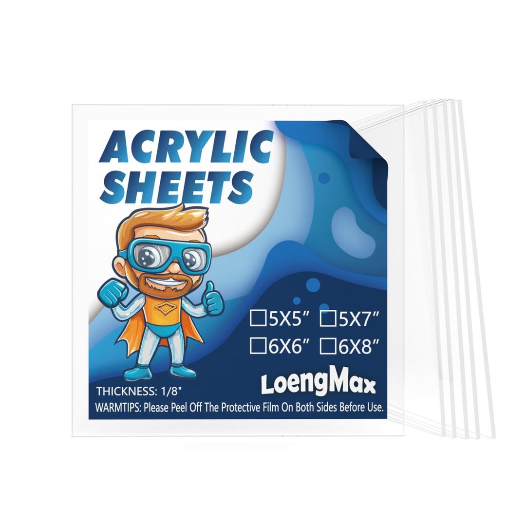 1/8" Thick (3mm) Clear Acrylic Sheet 5" x 5" - 6 Pieces | Cast Plexiglass for DIY Crafts, Sign, Photo Frame, Display Projects