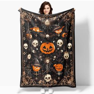 50"x40" Vintage Halloween Throw Blanket,Witch Spider Webs Bat Pumpkin Skull Gothic Blanket, Festival All Seasons Warm Cozy for Sofa Chairs Bed Office Home Women GIrls Gift (Halloween Blanket 1)