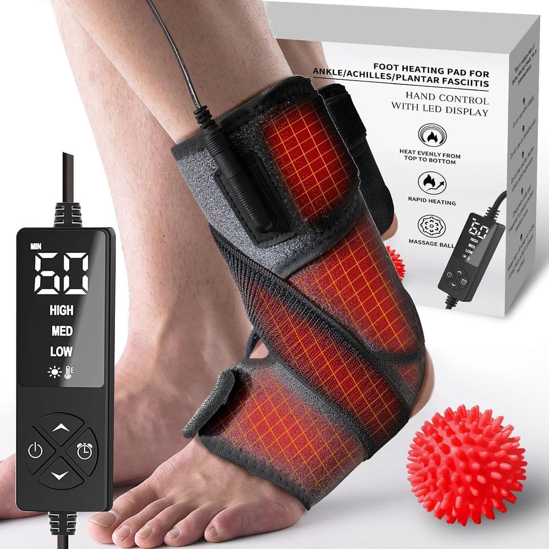 sticro Ankle Heating Pad for Achilles Tendonitis and Plantar Fasciitis Relief, Heated Ankle Brace Foot Heating Pad Wrap with Massage Ball for Sprained Ankle, Arthritis Foot Heel Pain Relief (Gray)
