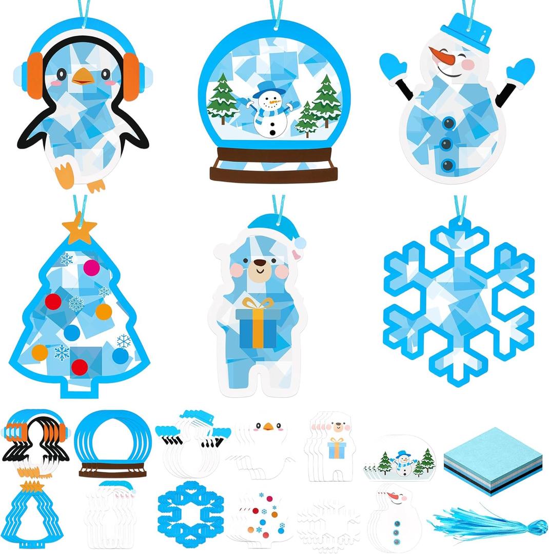 Bafeil 24 Set Winter Suncatcher Crafts Kits Winter DIY Window Tissue Paper Craft Kit Make Your Own Hanging Ornaments for Christmas Holidays Home Party Art Activities Decors