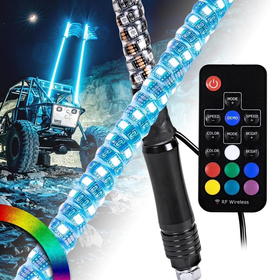 True Mods 2pc 4ft Spiral RGB LED Whip Light for UTV ATV [RF Wireless Remote] Flag Waterproof LED Lighted Whip CB Antenna Pole Stick for RZR Can-Am Polaris SxS 4x4 Quad Dune Buggy 4 Wheeler Accessories