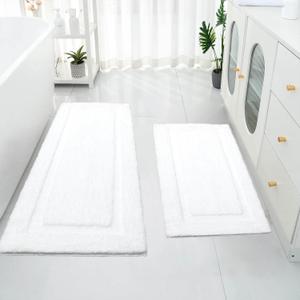 SHACOS White Bathroom Rugs Sets 2 Piece 32x20 + 47x20 inch, Non Slip Bath Mat Microfiber Washable Bathroom Rugs, Soft Fluffy Water Absorbent Bath Mat Set of 2