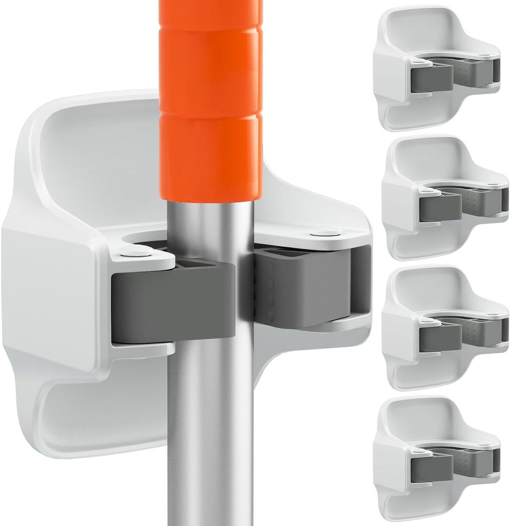 5 Pack Broom Holder Wall Mount Mop Grippers No Drilling Self Adhesive Anti-Slip Mop Handle Hanger Dustpan and Broom Organizer Garage Storage Racks-White