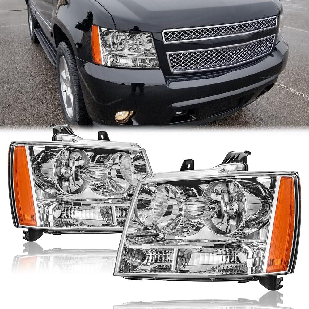 Headlights Assembly for 2007-2014 Chevy Tahoe /07-13 Chevy Suburban Avalanche Replacement Headlights Driver and Passenger Side Pair, Chrome Housing Amber Side Headlights Assembly for 2007-2014 Chevy Tahoe /07-13 Chevy Suburban Avalanche Replacement Headlights Driver and Passenger Side Pair, Chrome Housing Amber Side