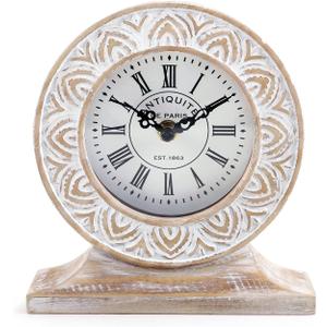 NIKKY HOME Hand Carved Wood Table Clock, Shelf Desk Top Clock Battery Operated Boho Design, Vintage Home Decor for Fireplace Mantel, Desktop, Countertop, Distressed White