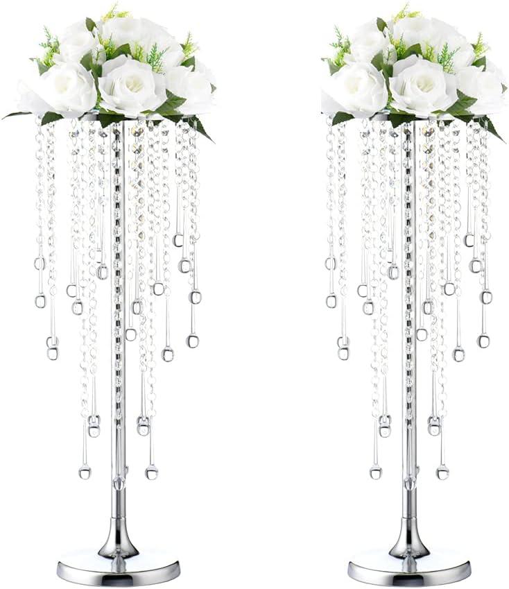Bigsee 2 Pcs 21.65 inches Crystal Flower Stand Wedding Centerpieces for Tables, Tabletop Gold Metal Flower Arrangement Holder, Bulk Metal Vases for Reception Party Ceremony Decoration (Silver)