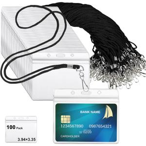 Marspark 100 Sets Lanyards with ID Badges Bulk, Clear Plastic Horizontal Name Tags Badge ID Card Holders, Flat Neck Lanyards with Swivel Hook for Adults Staff Teacher School Office Supplies(Black)