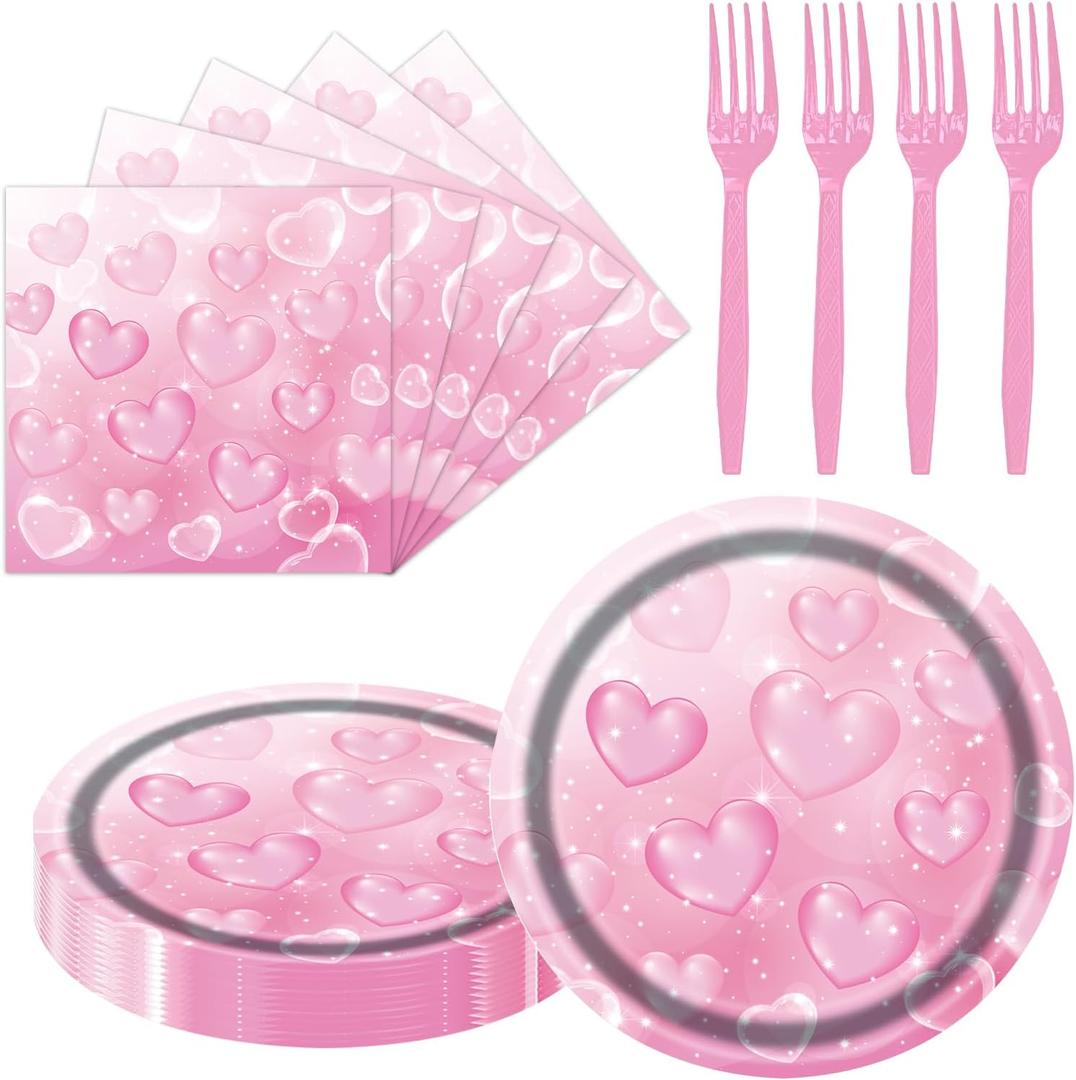 2 x Valentines Day Party Decorations 7inch Paper Plates and Napkins Forks Disposable Set Serves 20 - Pink Hearted Galentines Day Party Supplies for Afternoon Tea,Gatherings,Weddings Cake Dessert(60 Pcs)