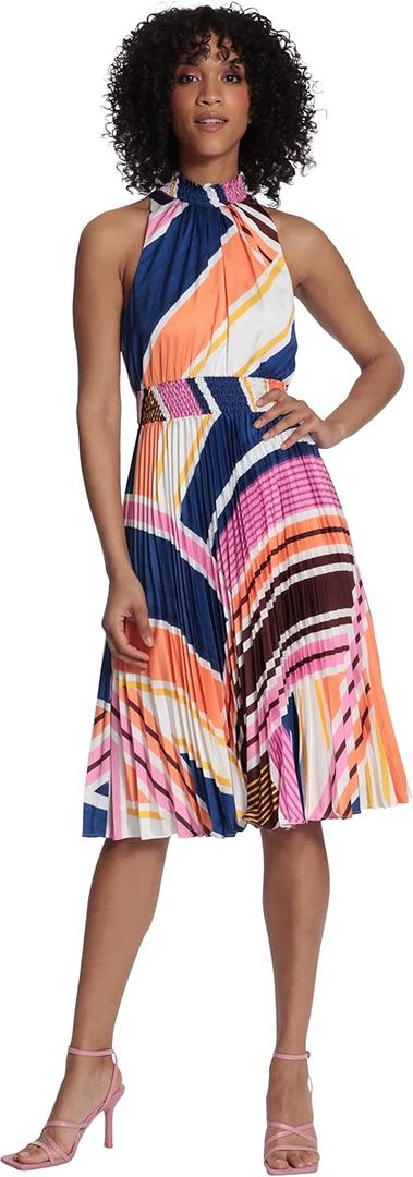 Maggy London Women's Smocked Mock Neck and Waistband Halter Dress with Pleated Skirt (8, Ivory/Light Orange)