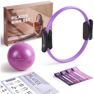 LIONSCOOL Pilates Ring Set  14" Anti-Deformation Magic Circle with Padded Handles, Mini Ball, Resistance Bands, Guide & Bag (Purple)