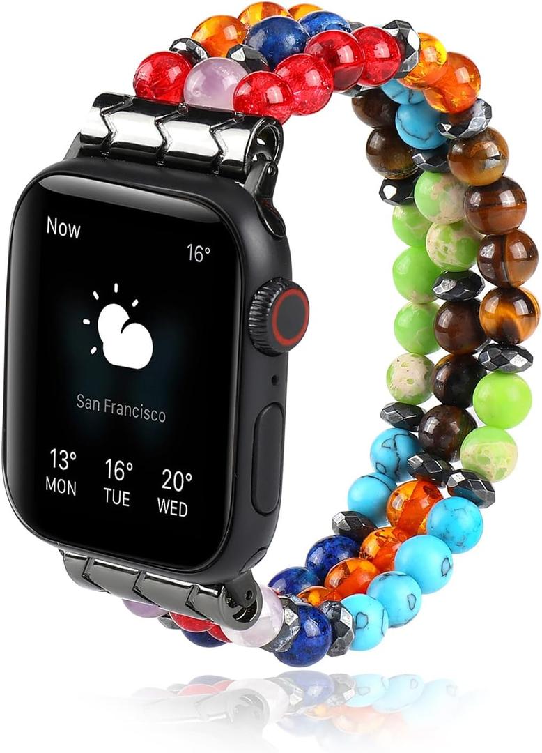 Bracelet Apple Watch Band beaded Compatible with 38mm/40mm/41mm 42mm/44mm/45mm for Women Men - Handmade 7 Chakra Elastic Wristband Watch Strap - iWatch Series 8 7 6 5 4 3 2 1 SE (Dark multicolor)