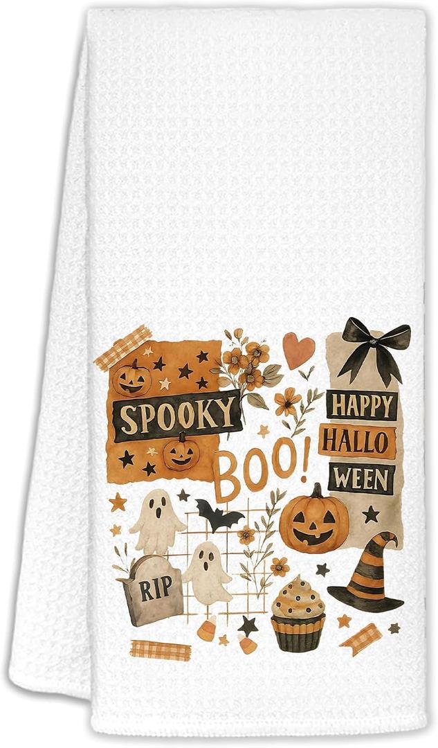 FDHSPAAM Boho Halloween Collage Kitchen Towels, Spooky Season Pumpkin Ghost Witchy Fall Doodle Dish Hand Tea Towels, Boho Fall Halloween Kitchen Bathroom Decor, 16x24 Inch