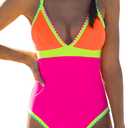 popvil One Piece Swimsuit Women 2025 Neon Color Block Contrast Cross Strap Bathing Suit Modest Cute Swim Suits (Small)