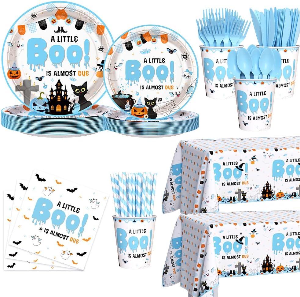 194Pcs Halloween Baby Shower Decorations for Boy A Little Boo is Almost Due Baby Shower Party Plates, Cup, Napkin, Tablecloth, Tableware, Halloween Themed Party Supplies Plates Serve 24 Guests