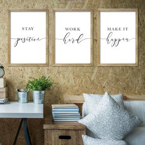 RLWangChao Inspirational Quotes Wall Art Decor 11"X16" 3 Piece Modren Office Stay Positive Work Hard Make It Happen Motivational Wood Framed Sign Living Room Positive Wall Hanging Decoration (Wood)
