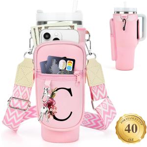 LOKASS Personalized Initial Water Bottle Holder with Strap for Stanley Cup 40 oz Tumbler with Handle, Crossbody Water Bottle Carrier Bag with Phone Pocket, Stylish for Stanley Cup Accessories Gifts