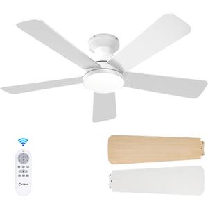 Amico Ceiling Fans with Lights, 42 Inch Low Profile Ceiling Fan with Light and Remote Control, Flush Mount, Reversible, 3CCT, Dimmable, Quiet, White Small Ceiling Fan for Bedroom Outdoor/Indoor Use