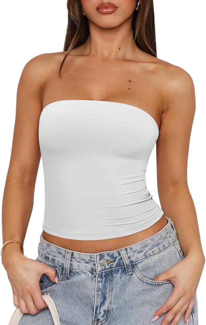 REORIA Women's Y2K Strapless Backless Tube Top Double Lined Sleeveless Crop Tank Top for Summer 2025 Going Out (Medium, White)