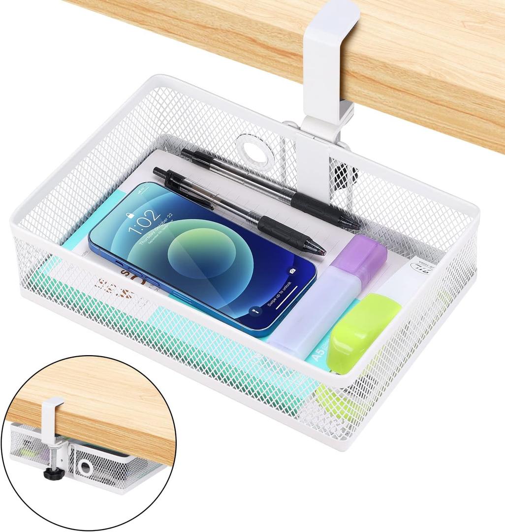ROSYLINE Clamp On Desk Organizer - Under Desk Hanging Drawer with Storage Basket, Multi-Scene Mount Tray for Home Dorm Office (White)