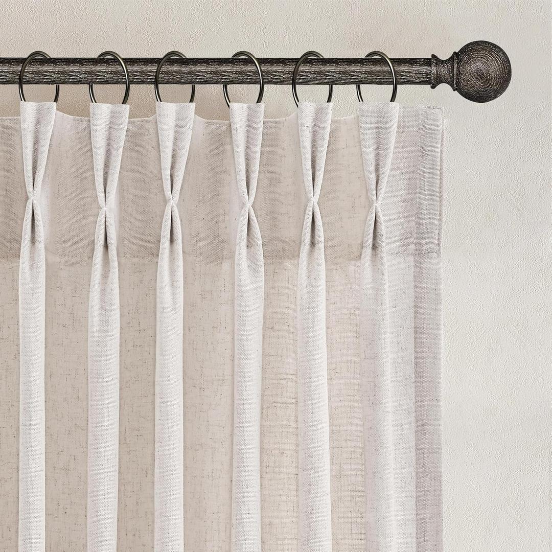 Joywell Pinch Pleat Linen Curtains 94 inches Long 2 Panels Set Back Tab Semi Sheer Light Filtering Elegant Linen Pinch Pleated Drapes with Hooks for Bedroom Living Room Decor 50x94 Natural Beige