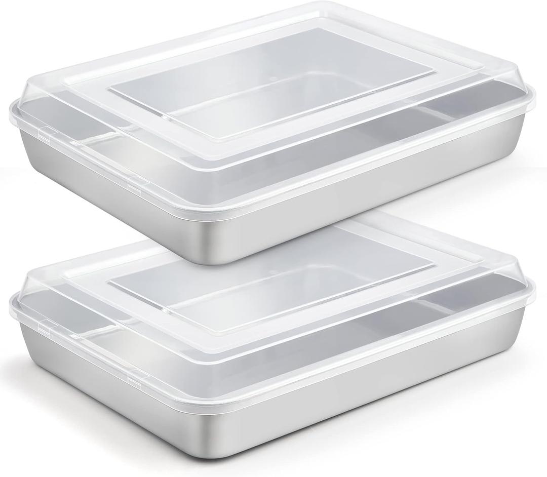 TeamFar Lasagna Pan, 12.3 x 9.75 x 2 Stainless Steel Rectangular Cake Brownie Baking Pan with Lid, Non-Toxic & Heavy Duty, Brush Surface & Deep Side, Dishwasher Safe-2 Pans+2 Lids