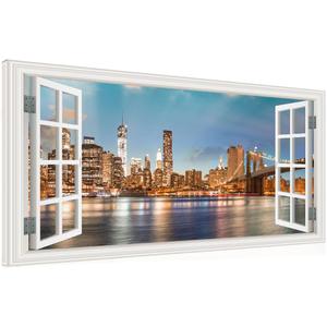 Window View New York Brooklyn Bridge Canvas Wall Art- Nature Landscape Canvas Print Picture Artwork Framed for Living Room Bedroom Bathrom Offce-24"x48"
