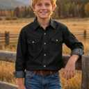 Spring&Gege Western Boys Denim Button Down Shirt Long Sleeve Pearl Snap with Two Flap Pockets (5-14 Years) (Black, M)