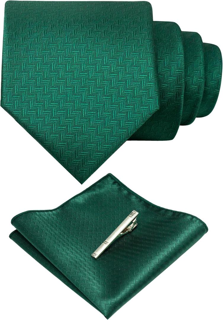 RBOCOTT Solid Color Tie Woven Classic Formal Mens Necktie and Pocket Square with Tie Clip Set (Dark Green365)
