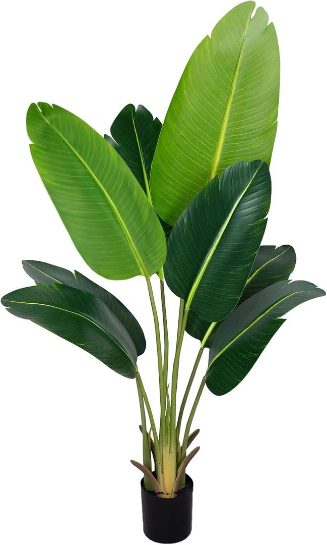 Artificial Bird of Paradise Plant 4Ft Fake Tropical Palm Tree with 8Trunks Faux Banana Leaf Trees in Pot for Home Indoor Outdoor Office Modern Decor Housewarming Gift1Pcs