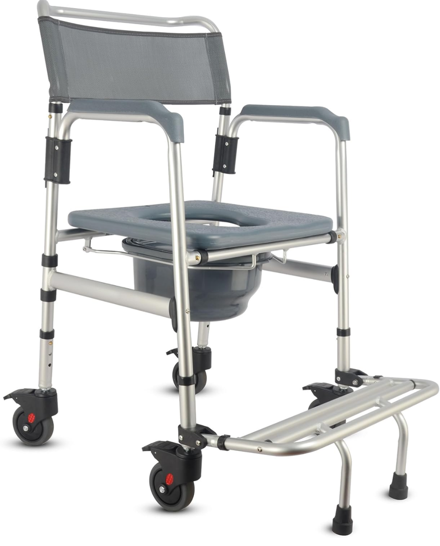 3-in-1 Aluminum Bedside Commode Toilet Shower Chair with Swivel Wheels 6.3 qt Bucket 4 Brake Casters Tool-Free Assembly Support Up to 300 lbs Height Adjustable Lightweight