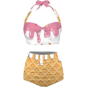 Jndtueit Ice Cream Women's Retro High Waist Ruched Bikini Set, Cartoon Food Swimwear Sexy Bathing Suits, Pink Yellow 2 Piece Swimsuit S