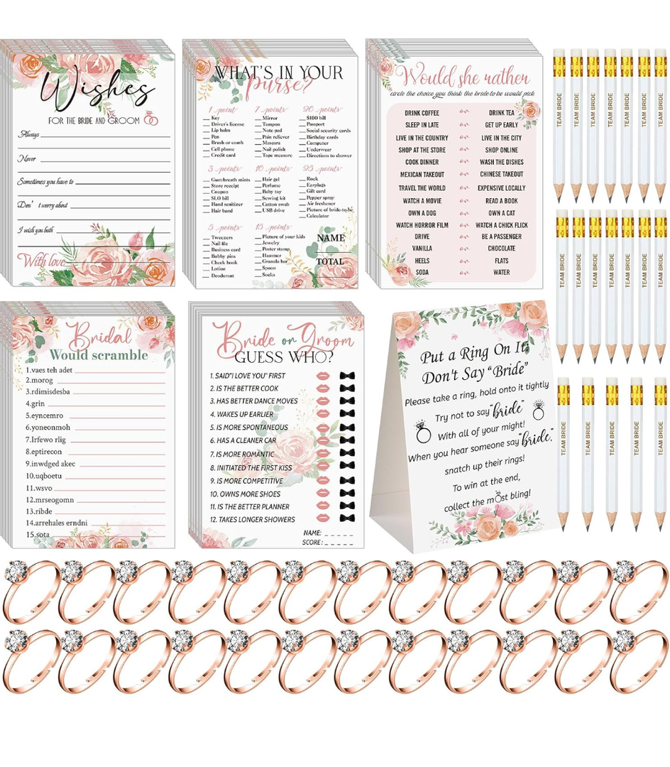Sosation 331 Pcs Bridal Shower Games Supplies, 5 Sets (50 Cards Each) Wedding Games Cards, 1 Put a Ring on It Bridal Shower Game with 60 Rings and 20 Team Pencils for Wedding Engagement