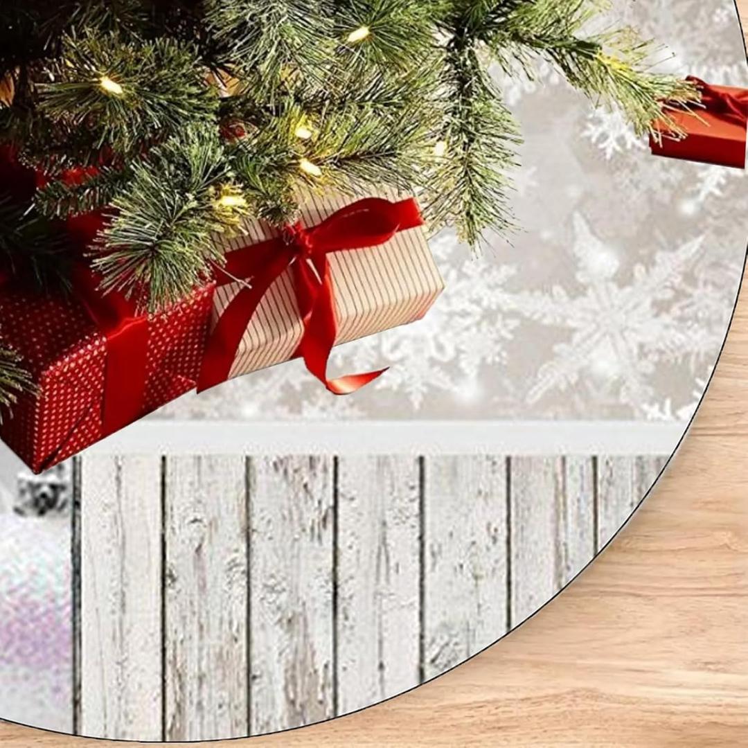 48" White Snowman Christmas Tree Skirt with 6pcs Plastic Snowflakes,Snowflakes Xmas Large Tree Ornaments Mat for Xmas New Years Eve Holiday Party Outdoor Decoration