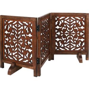The Wooden Town Freestanding Foldable Wooden Dog Gate  54 Wide, 24 Tall, 3 - Panel Pet Gate with Support Feet for Doorways, Stairs & Indoor Use (Burnt)