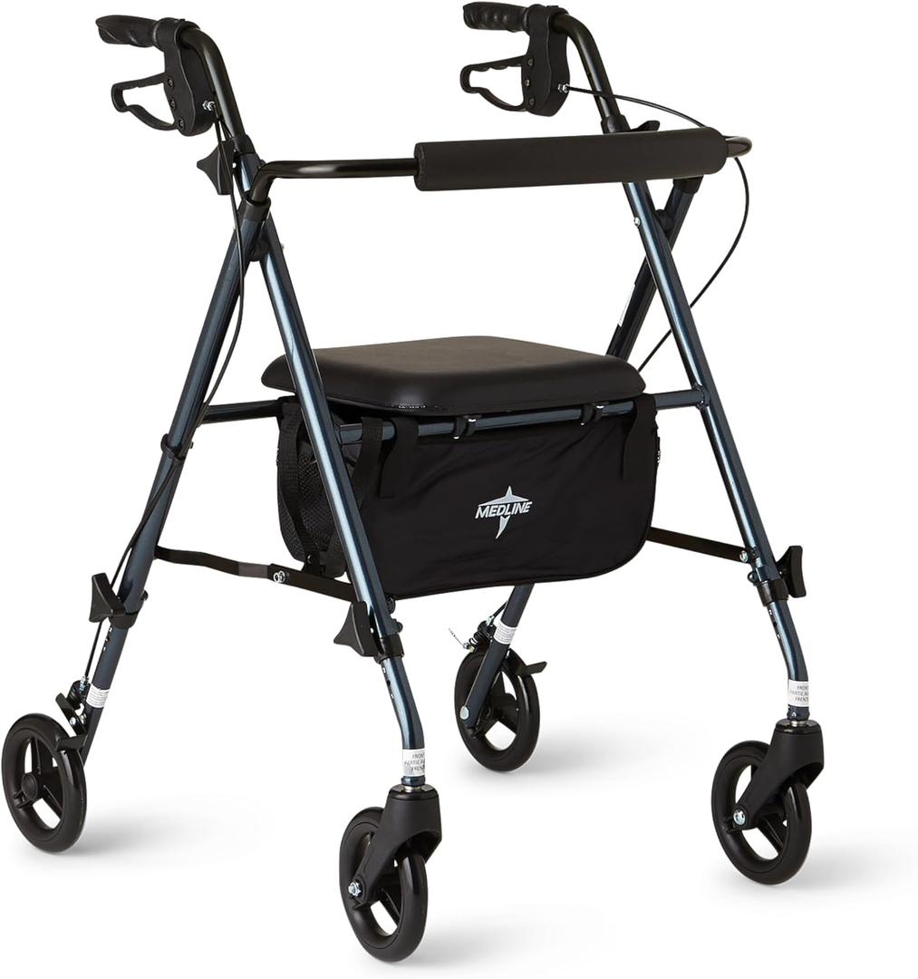 Medline Superlight Folding Aluminum Mobility Rollator Walker, Smoky Blue, 250 lb. Weight Capacity, 6" Wheels, Adjustable Arms and Seat, Foldable Rolling Walker for Seniors, Black 