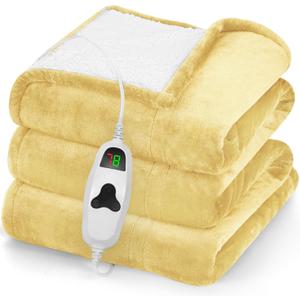 greenoak Heated Blanket Electric Throw 50"X60", Heating Blankets with 10 Heat Levels 8 Hours Auto-Off, Soft Flannel Sherpa Fluffy House Warming Gifts for Grandma Seniors Mom,Cream Yellow