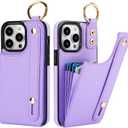 Folosu for iPhone 14 Pro Max Wallet Case with Card Holder, Hand Wrist Strap Loop Holder Kickstand, RFID Blocking Finger Grip Ring PU Leather Double Buttons Shockproof Cover 6.7" Purple