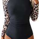 Women's One Piece Swimsuit Long Sleeve Rash Guard Bathing Suit Back Zip Full Coverage Athletic Surfing Swim Suit (Leopard Print), Small