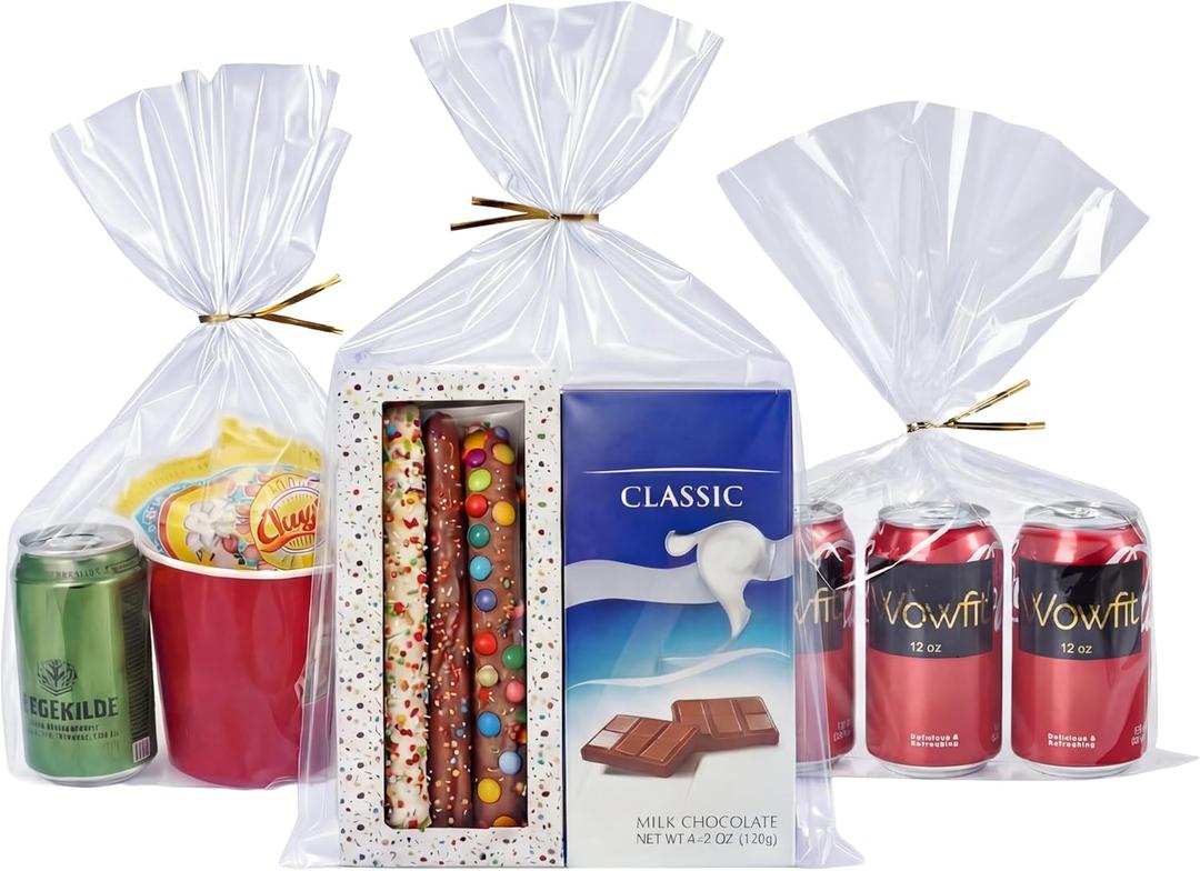 Wowfit 50 CT 10x16 Inches Clear Flat Cellophane Treat Bags with 6" Gold Twist Ties  Large Cello Bags for Gifts, Cookies, Treats, Wrapping, Party Favors & Bakery Packaging  Sturdy & Easy to Use